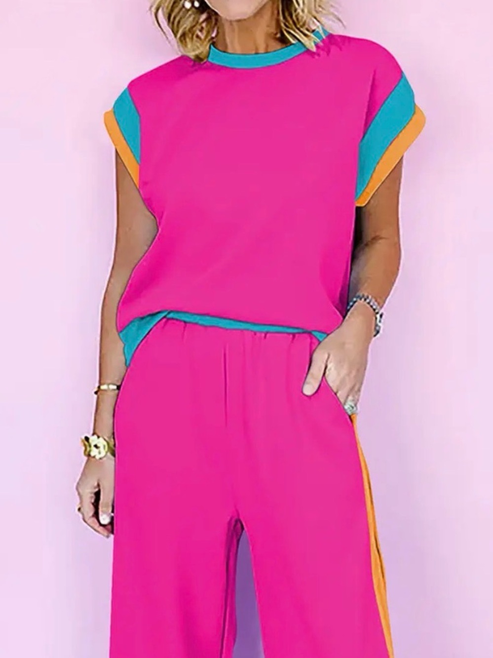 Lovesoft Womens Bright Pink Colorblock Relaxed Jumpsuit